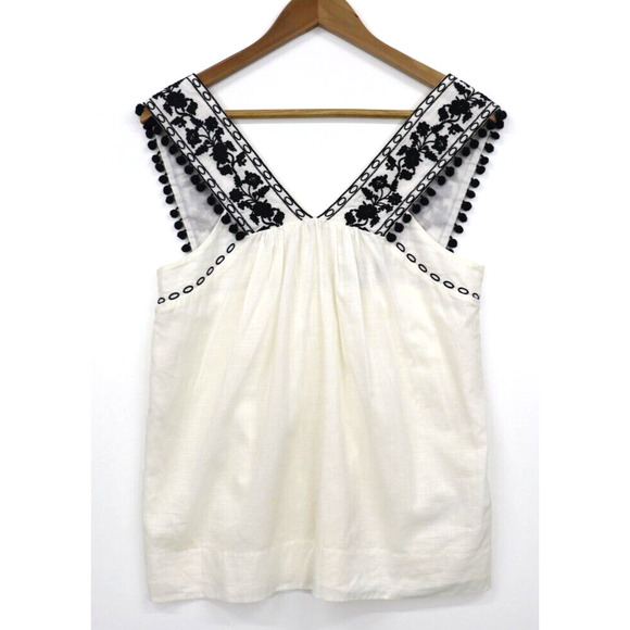 J CREW 100% COTTON TANK TOP FLORAL BLACK EMBROIDERED POM POM BABYDOLL Size 4 - Picture 1 of 12